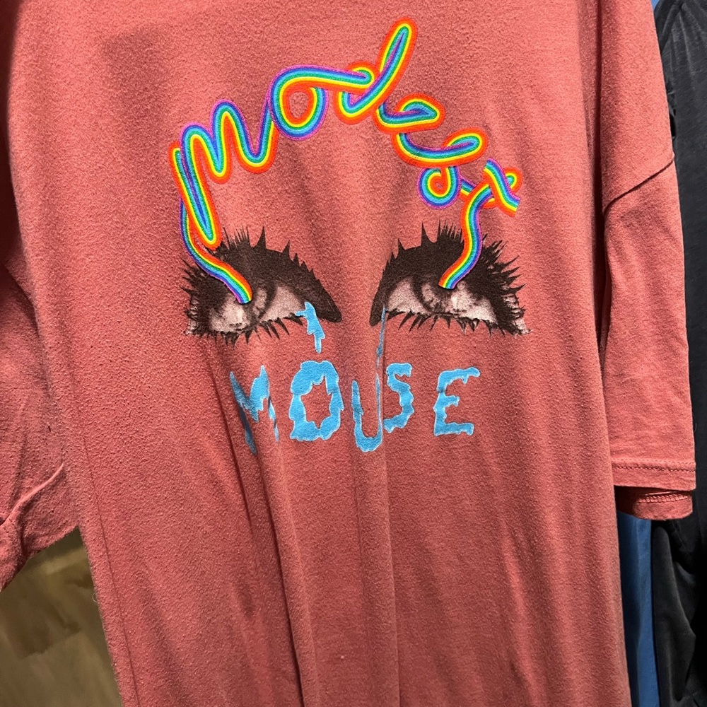 Rust Pink Graphic Tee with Rainbow Script & Blue Accent